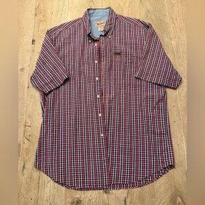 Woolrich Short Sleeve Mens L Button Front Shirt Red White Blue Plaid